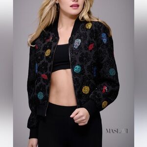 Maslavi Ready‎ to Wear Rhinestones Black Bomber Jacket Size 6 Evening Rock Fall